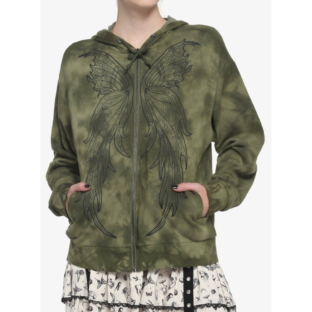 Thorn & Fable Fairy Wings Green Tie Dye Y2K Zip Hoodie Fairy Grunge Whimsigoth L